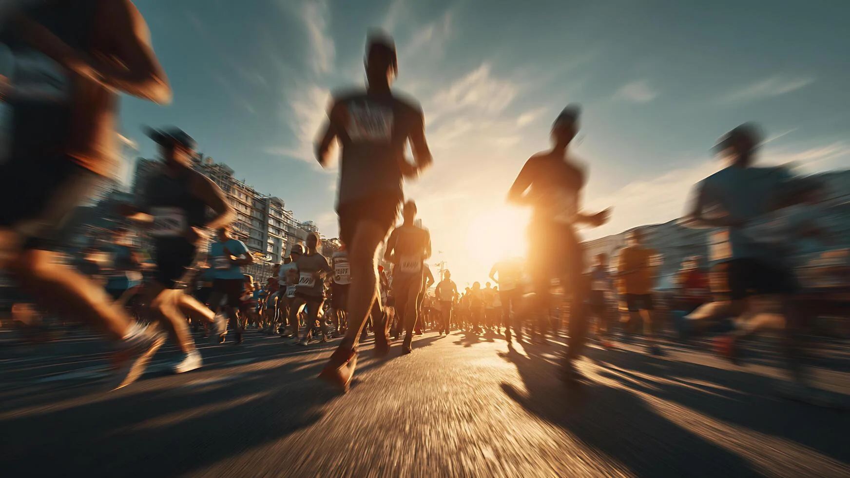 A wide field of everyday marathon runners moving down a broad city avenue at sunrise, seen from behind.