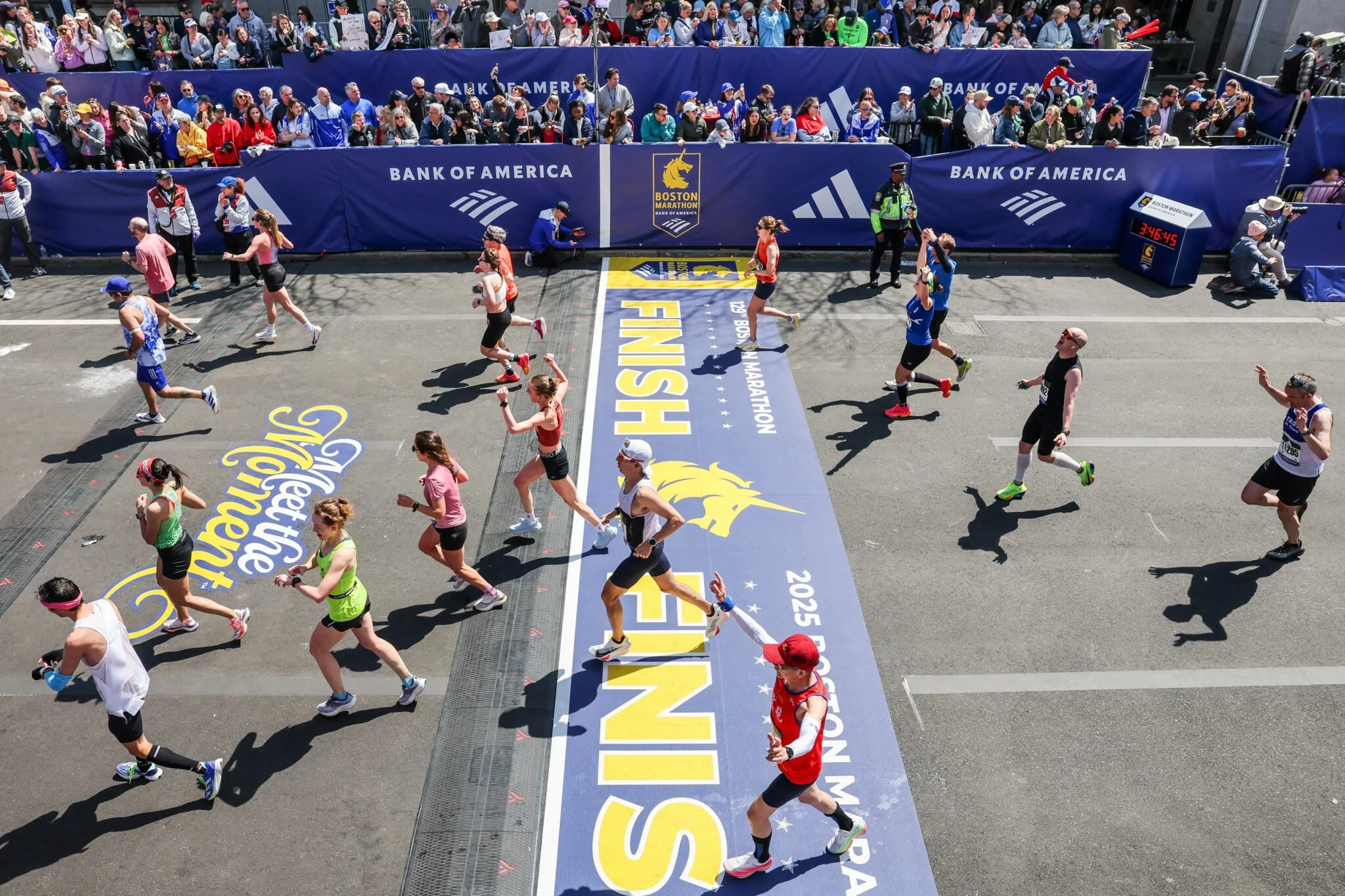 The Boston Marathon finish line on Boylston Street on race day.