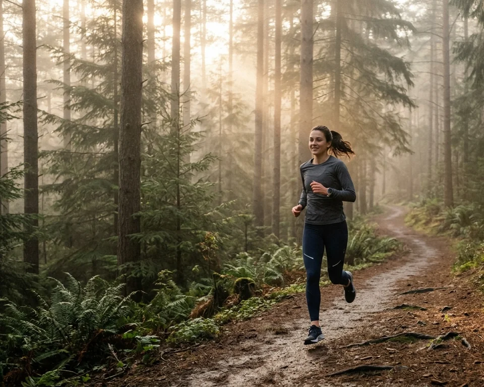 A runner on a forested trail at an easy, conversational pace.