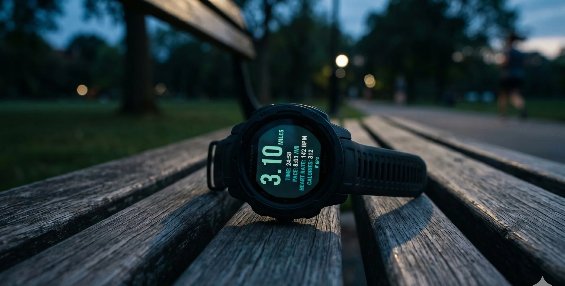A GPS running watch showing 3.10 miles resting on a wooden park bench.