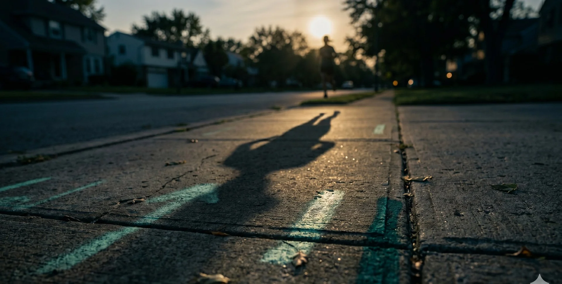 A lone runner's long shadow stretched across a quiet sidewalk at golden hour.