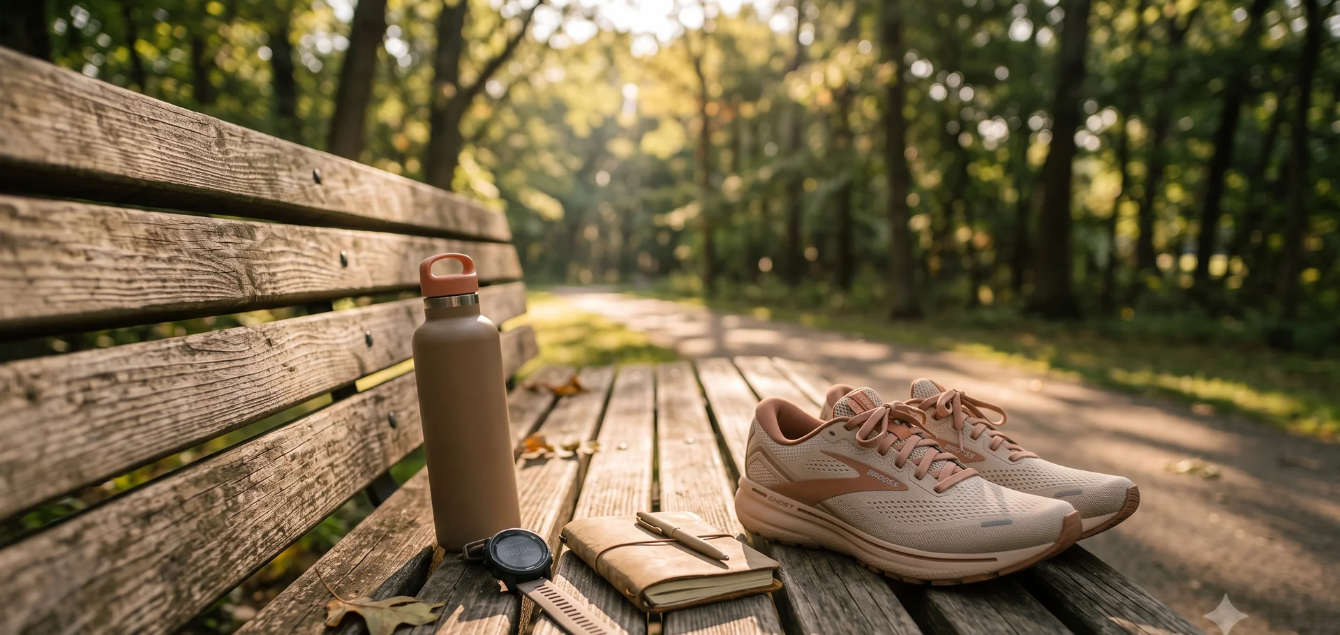 A weathered stopwatch and a small notebook with handwritten interval splits on a wooden bench at the trackside.