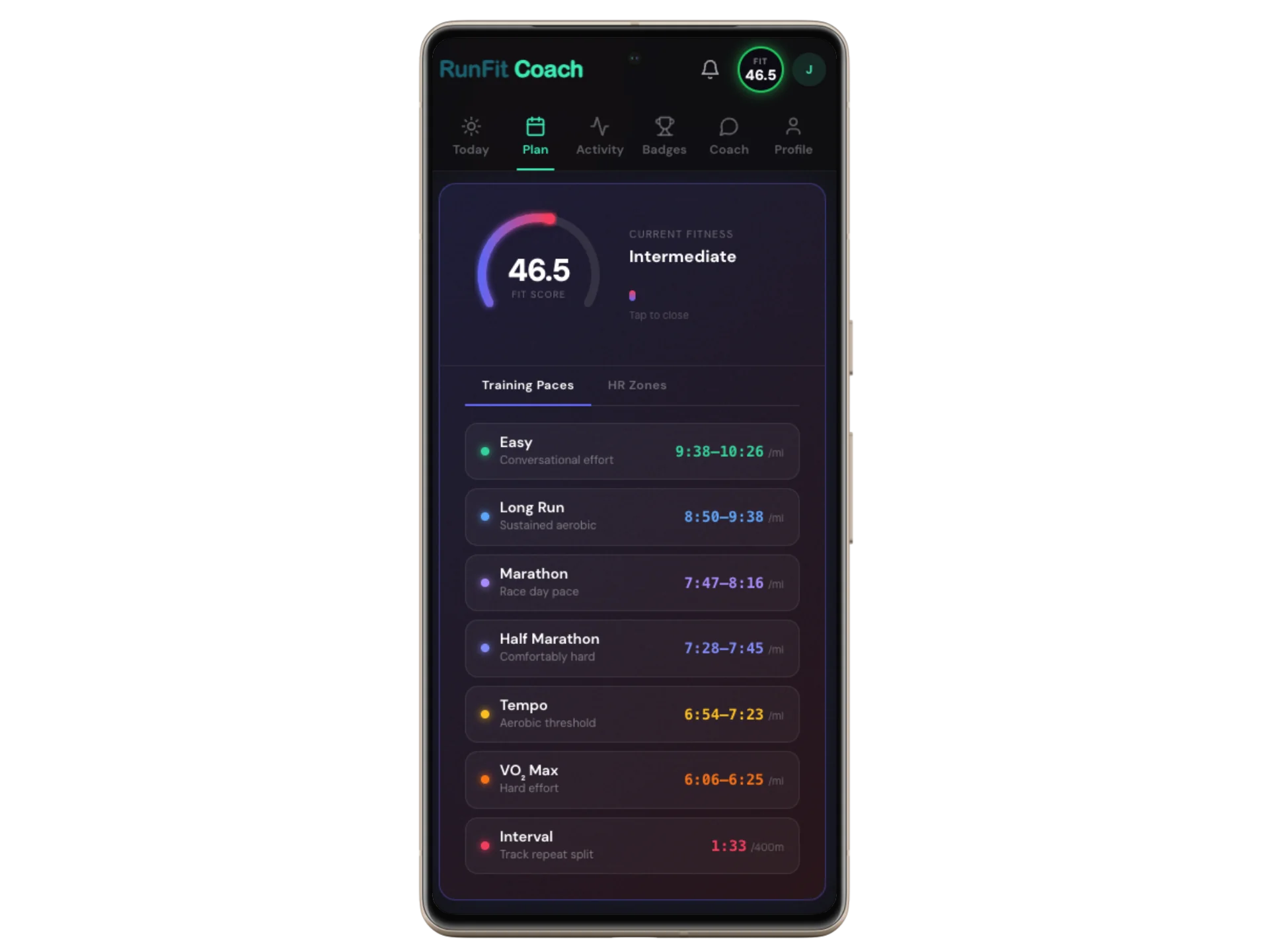 Personalized running paces in RunFitCoach determined by health metrics