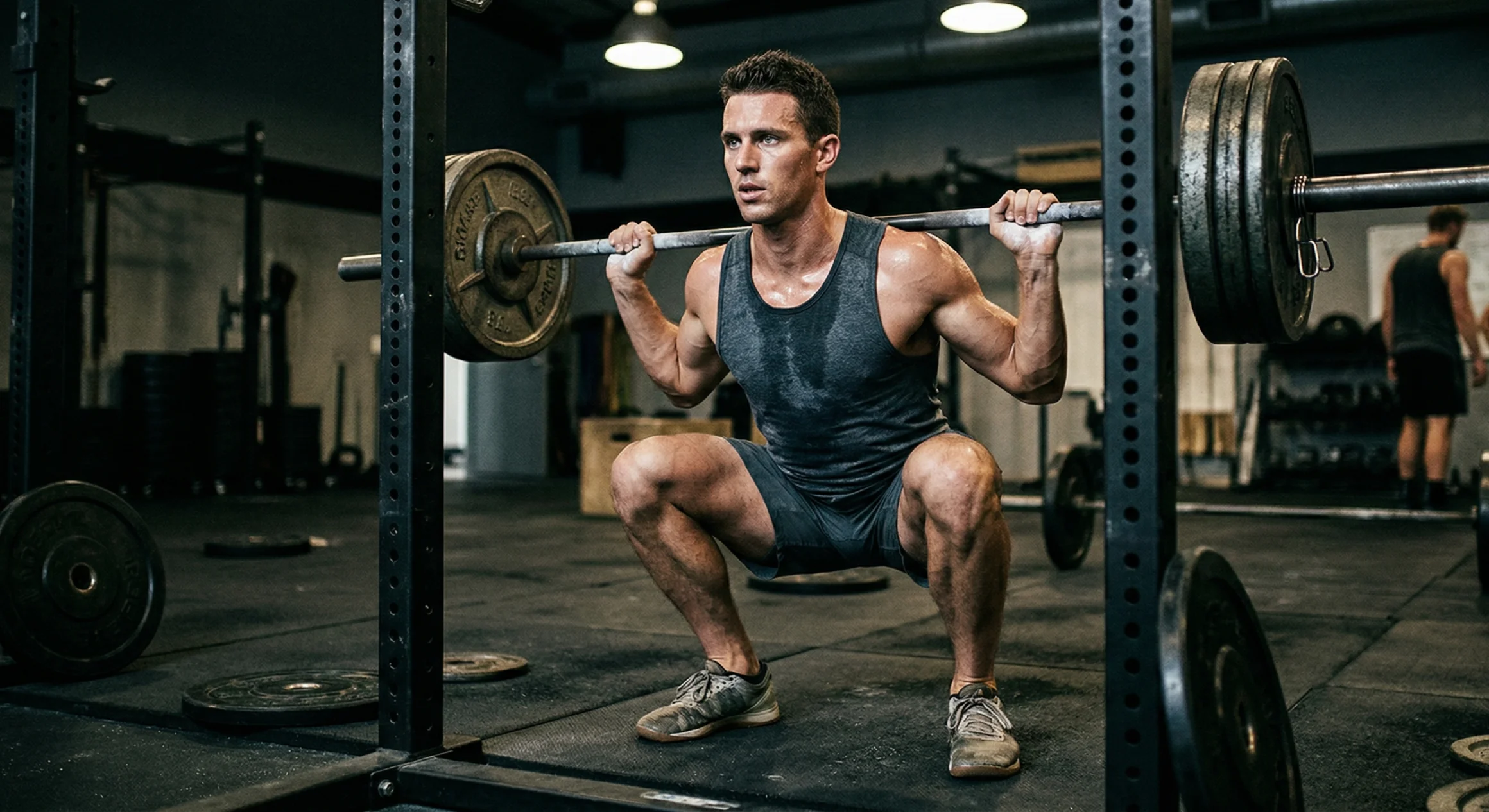 A runner doing squats in the gym to build marathon-specific strength