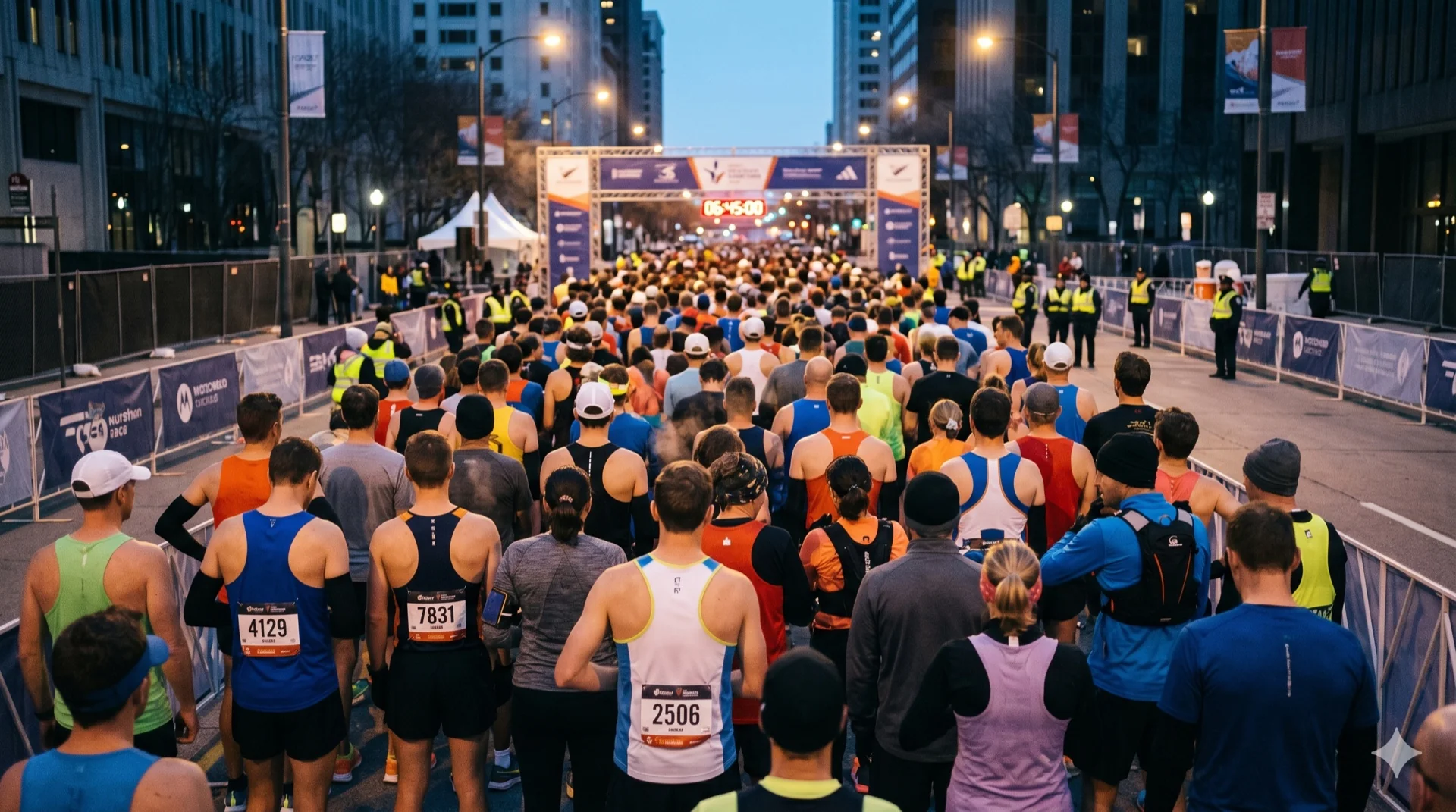 Runners packed into the start corral at dawn on race morning, finish-line clock visible up ahead