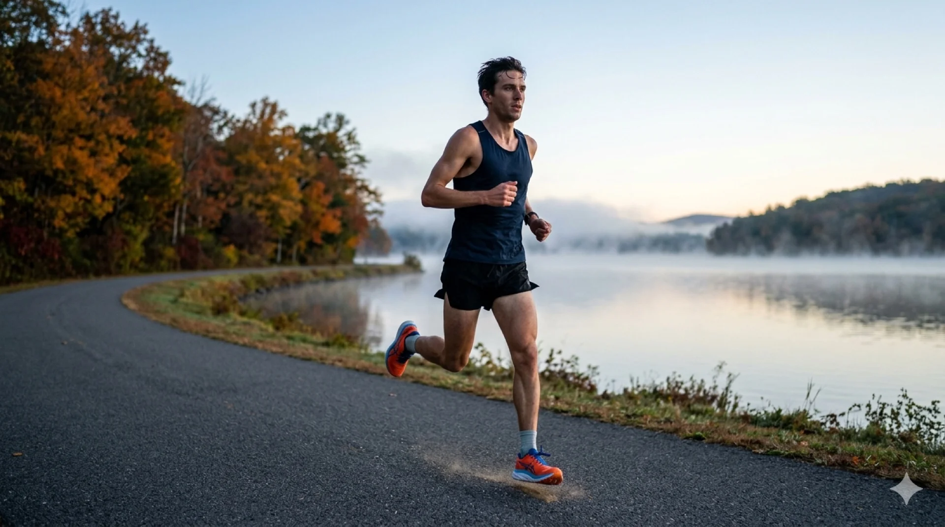 A runner doing a controlled tempo workout on an empty lakeside trail at sunrise during taper week