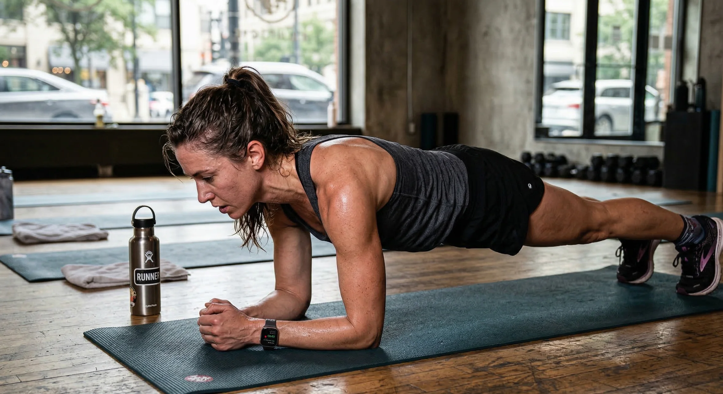 A runner holding a forearm plank to build core stability