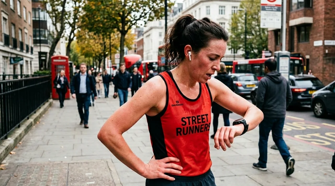 An exhausted runner checking watch splits with their head bowed.