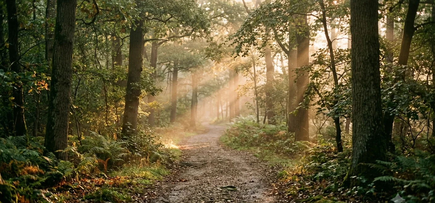An early morning shaded gravel path with mist and long low light through trees.