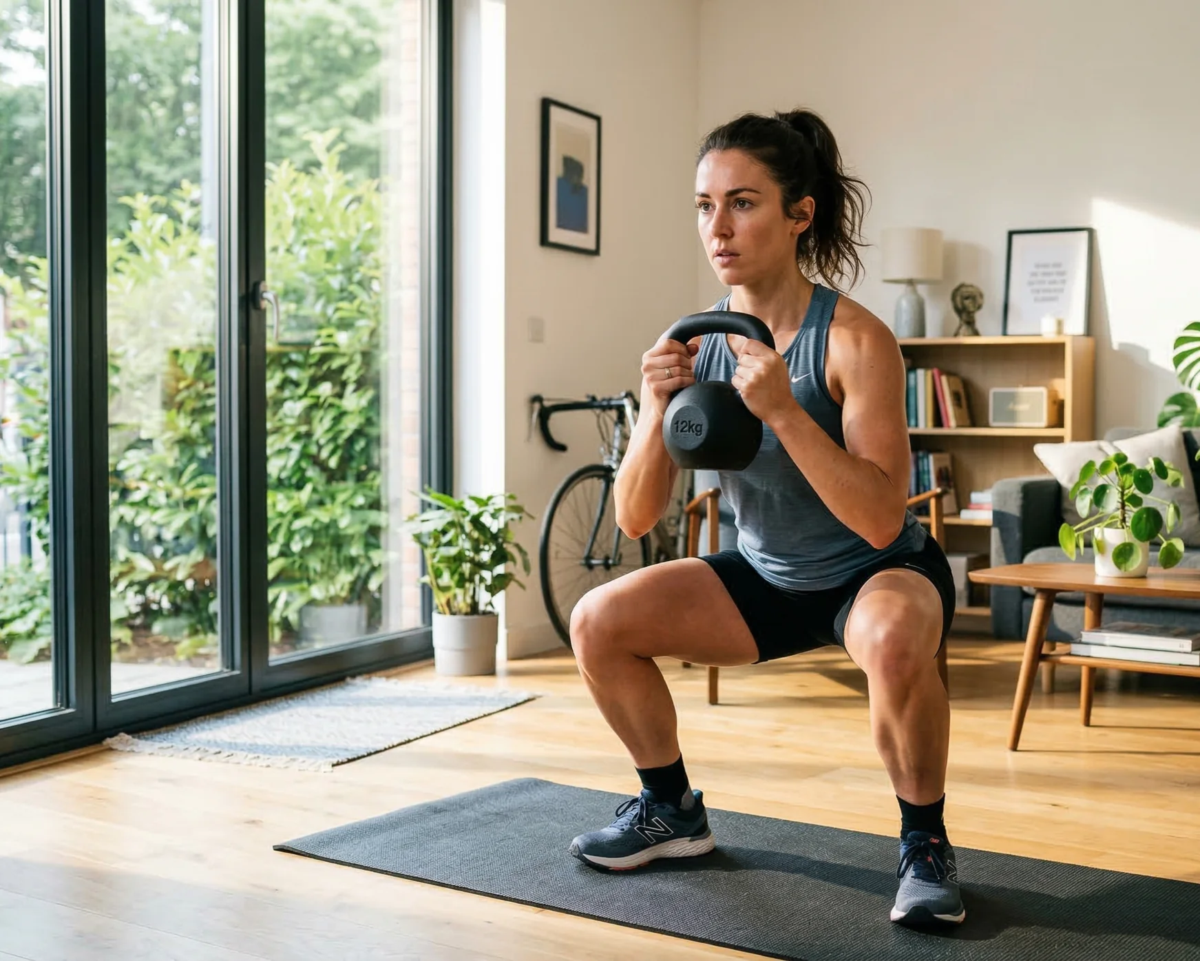 A runner mid-deadlift in a home gym, focused on form.