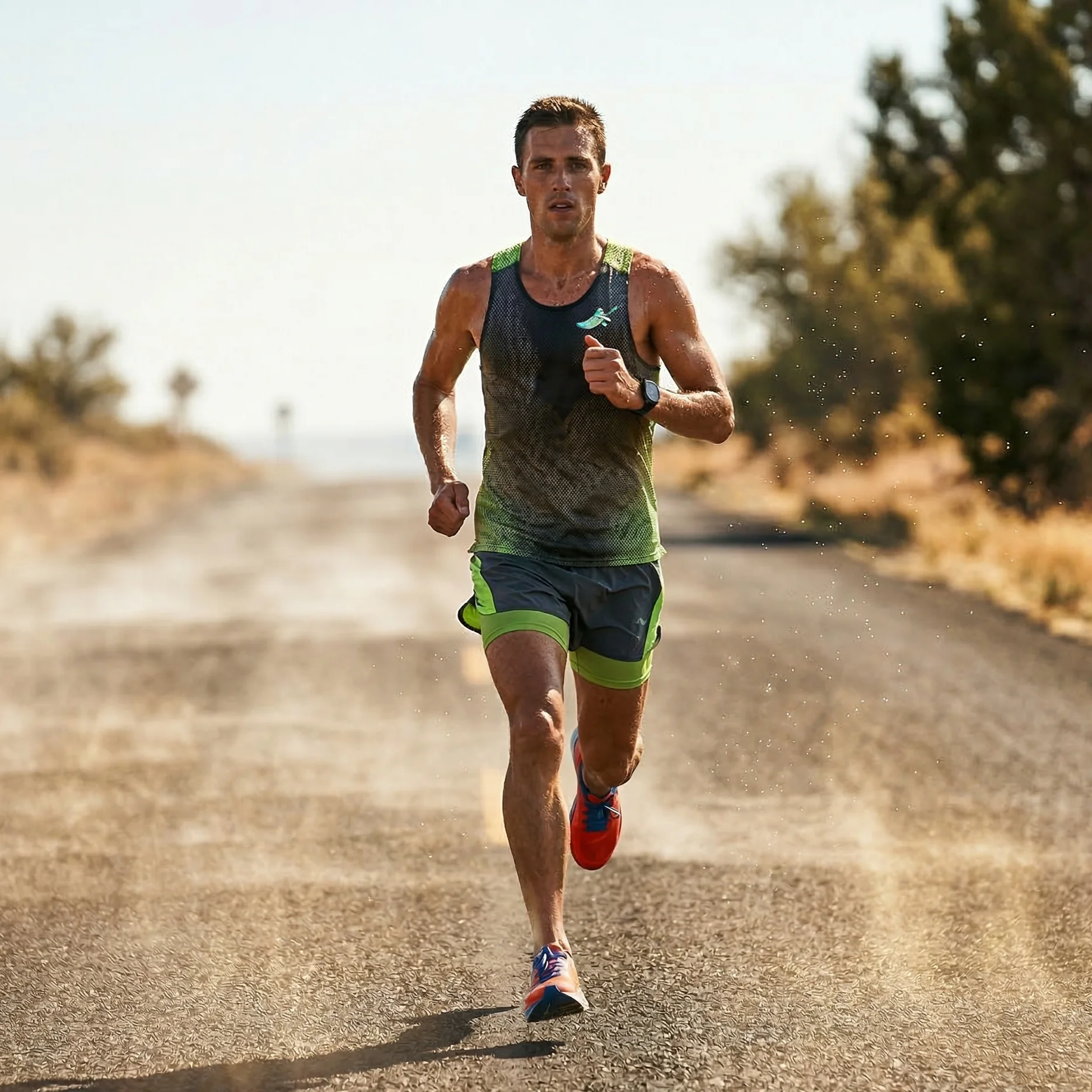A solo runner on shimmering desert asphalt under a brutal summer sun.