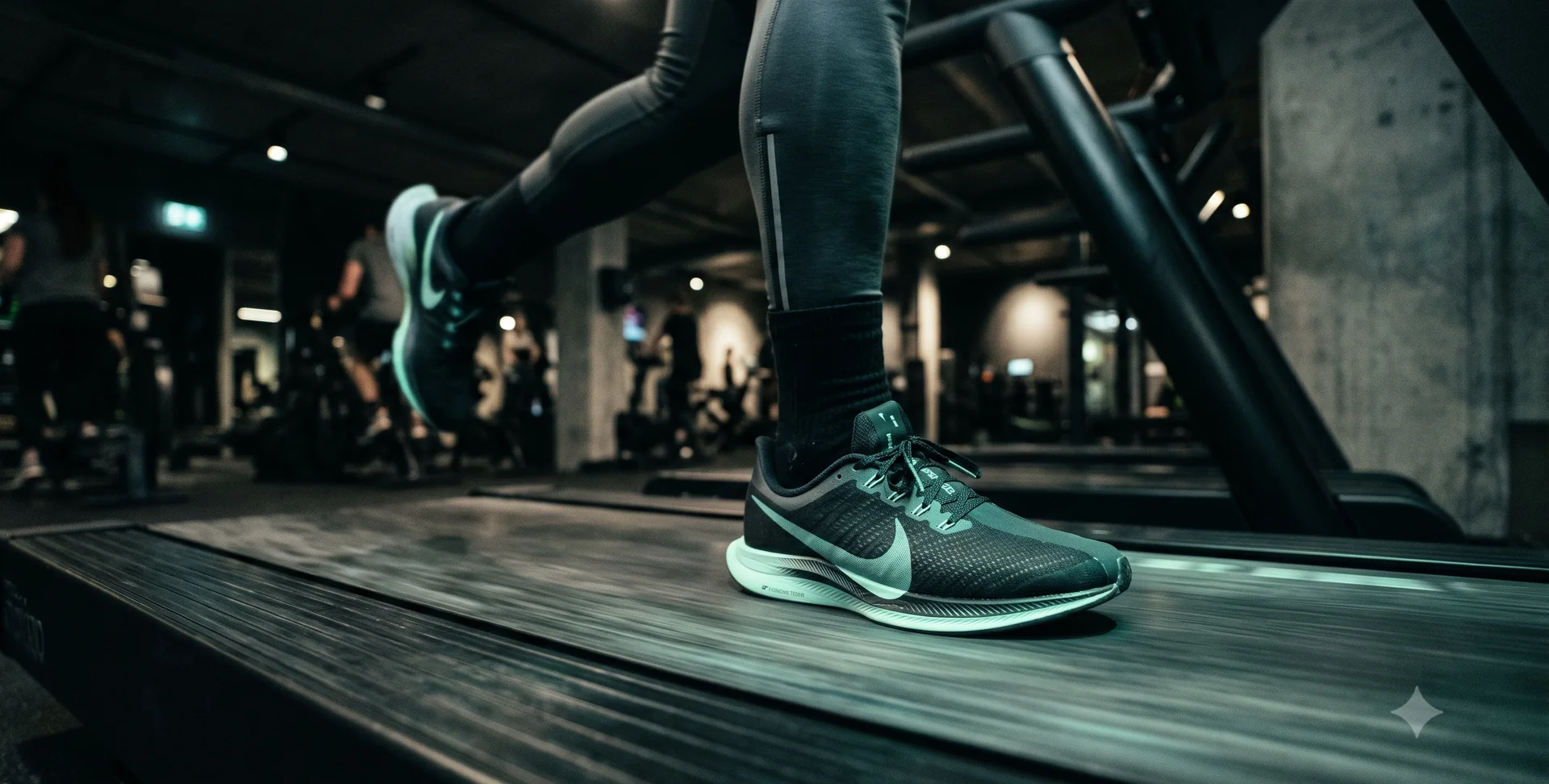 Running shoes mid-stride on a moving treadmill belt with subtle motion blur.