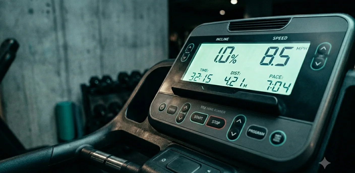 A treadmill control panel close-up showing 1.0% incline and a steady speed reading.