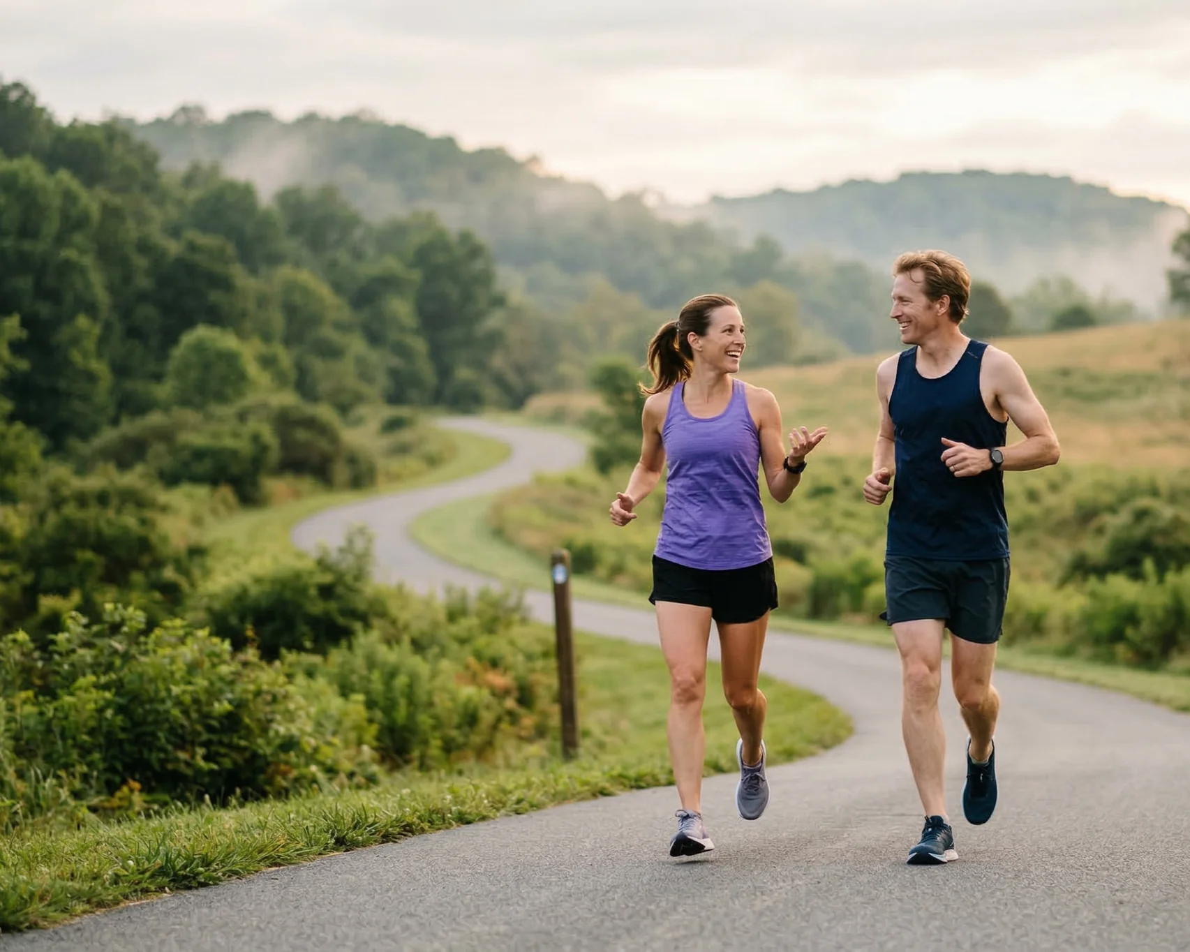 Two runners jogging side-by-side on a scenic trail, smiling and talking comfortably to demonstrate a low-intensity easy pace