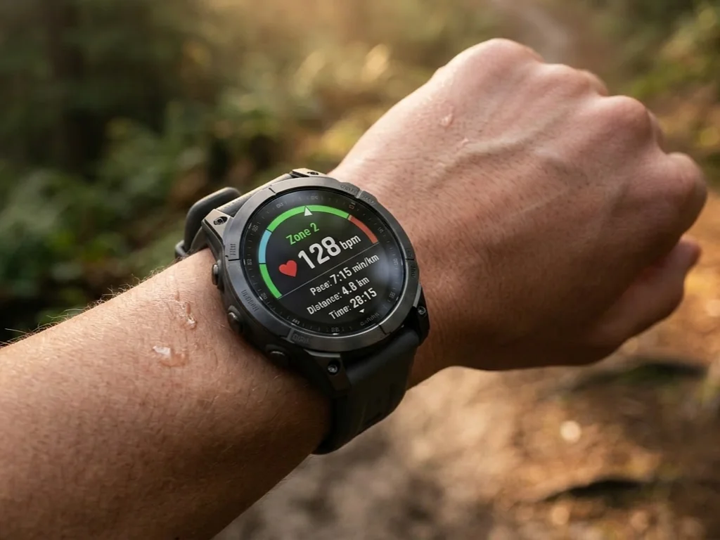 A runner looking at their watch to check the easy pace they are holding