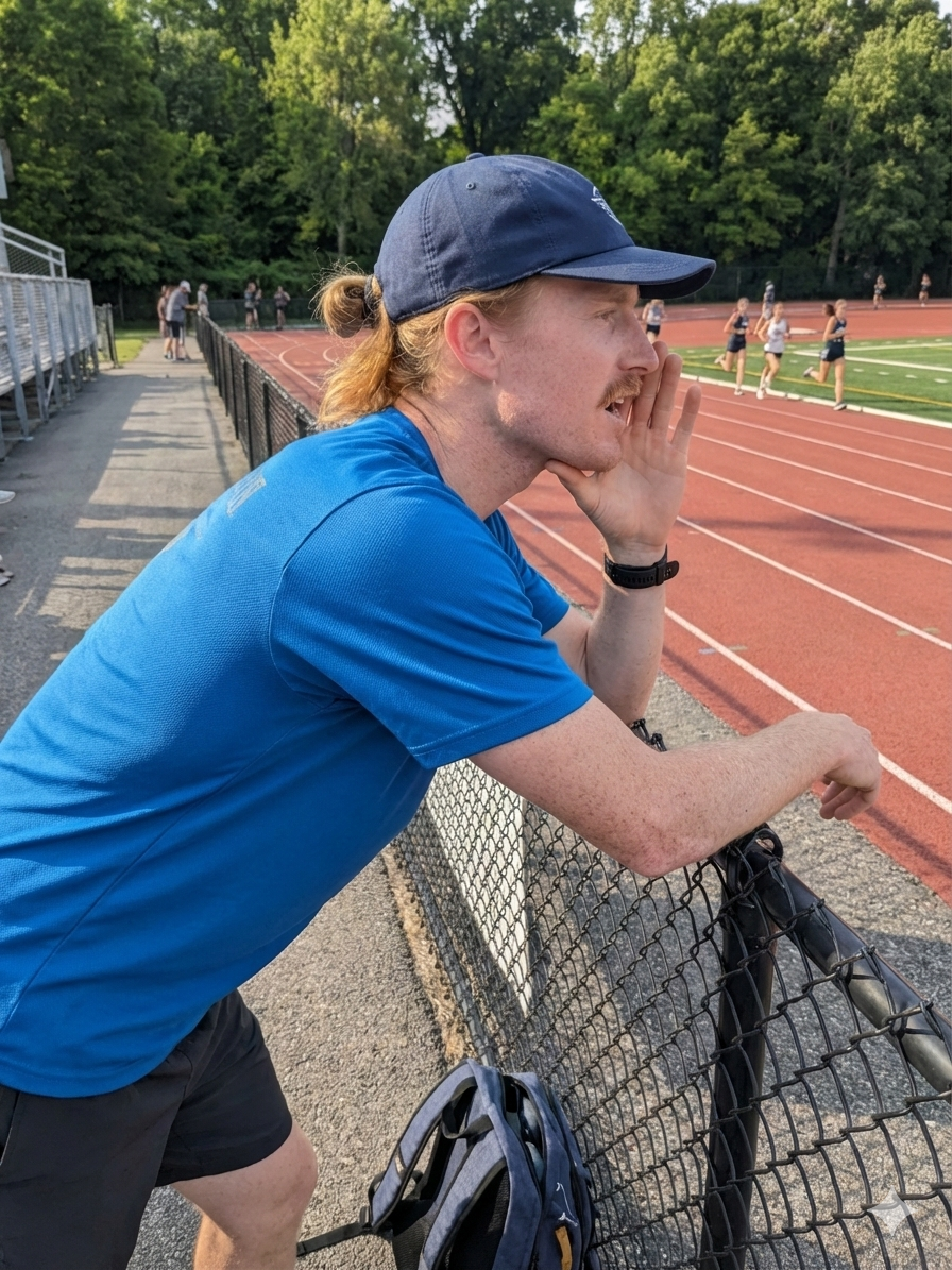 Coach Johnny talking with an athlete at the track
