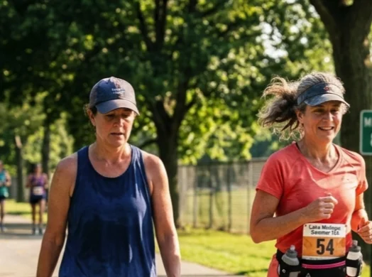 Margaret walking with a friend on a summer morning