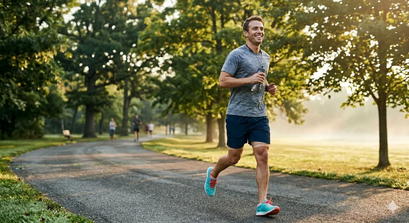 A runner taking a hydration break in a park, holding a water bottle during a hot training run
