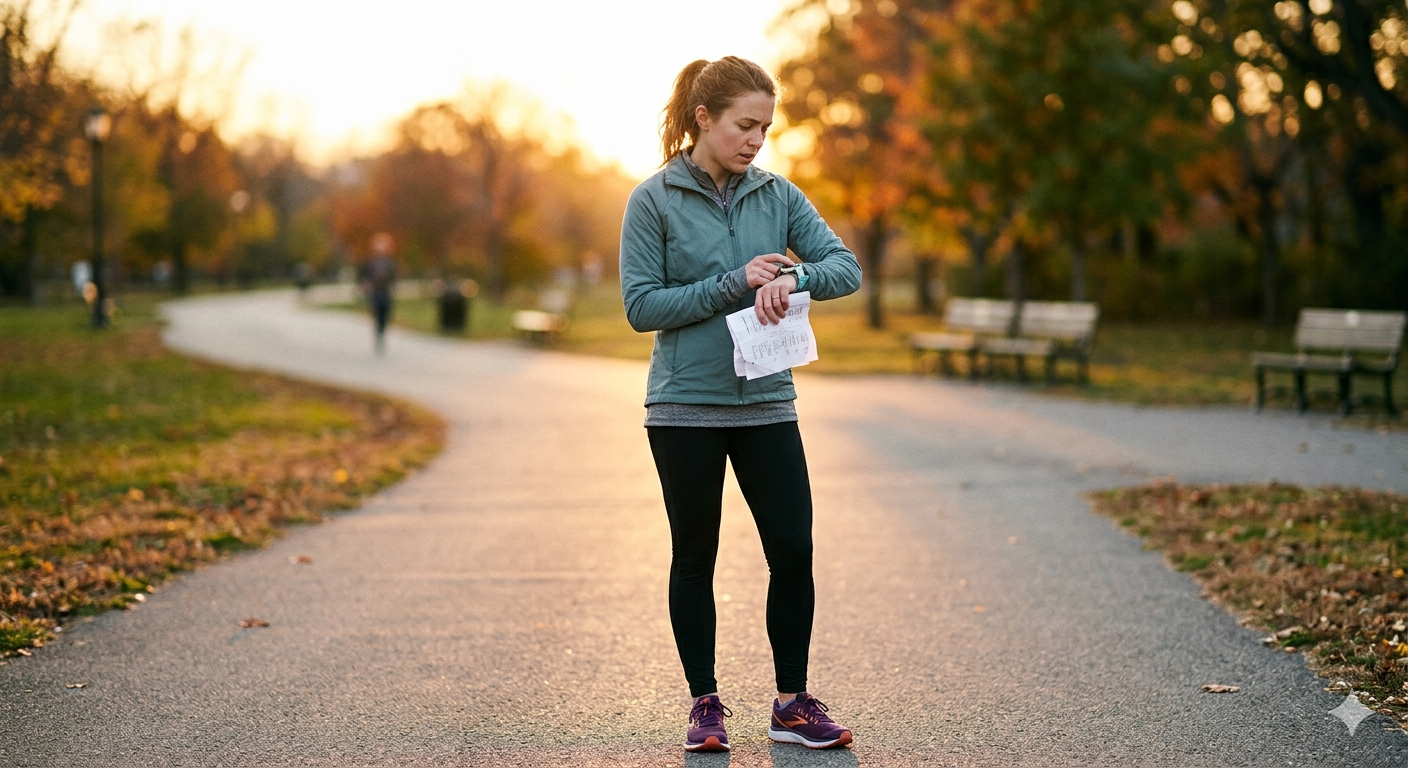 A runner checking their watch on a morning run