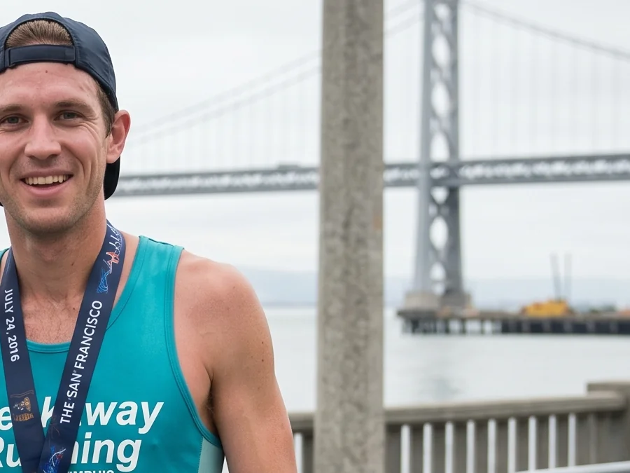 Reed at the San Francisco Marathon finish with the Bay Bridge behind him