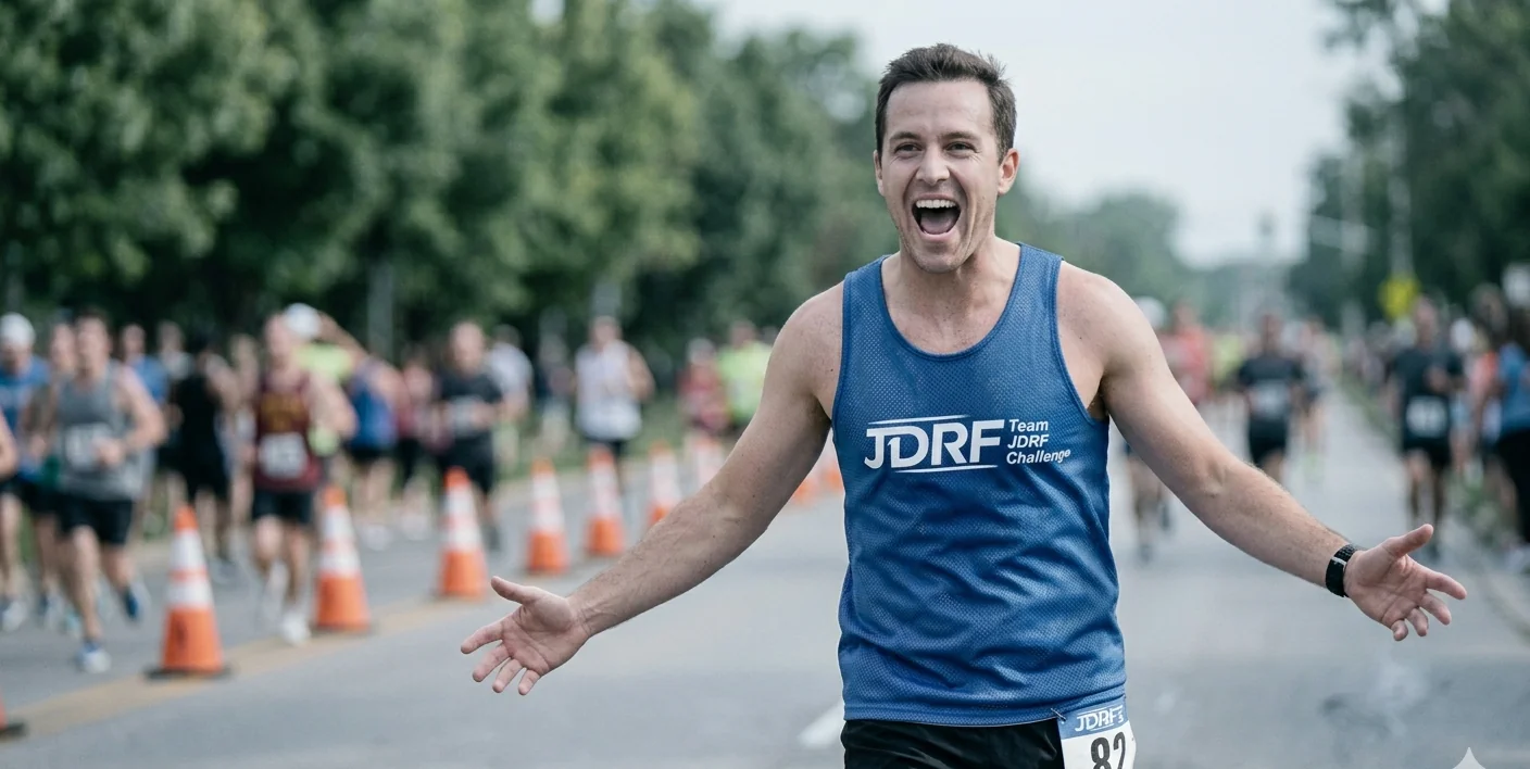 Zach celebrating his Boston Qualifier at the Santa Rosa Marathon in a Team JDRF singlet