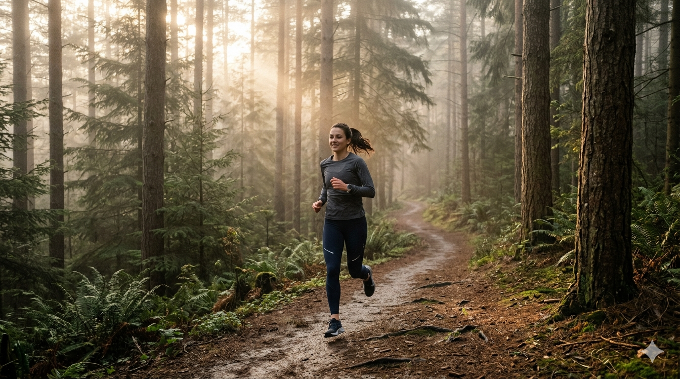A runner on a misty forest trail at first light